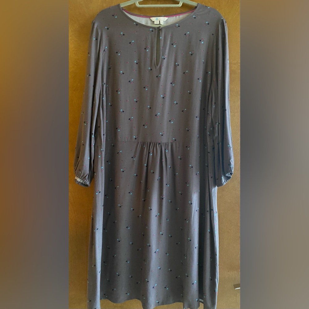Boden Long Sleeve Gray Dress with Tiny Blue Floral Dots